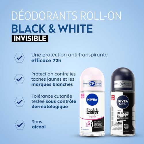 NIVEA & NIVEA MEN Déodorant Bille Black & White Invisible 72h (2 x 50 ml) - Anti-traces, Alcool Free, Protection Anti-tr