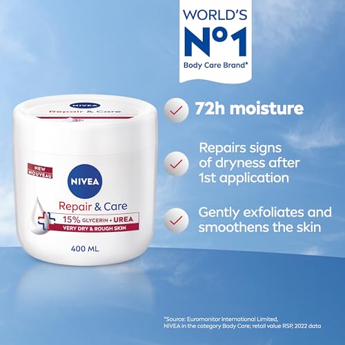 Crème hydratante NIVEA Repair + Care pour peau sèche 400 ml, hydratation intensive pendant 72 heures, corps et mains