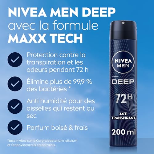 NIVEA MEN Déodorant Spray 72h Anti-Humidité, Anti-Odeurs & Antibactérien au Charbon Actif (1 x 200 ml) pour Homme, Parfu