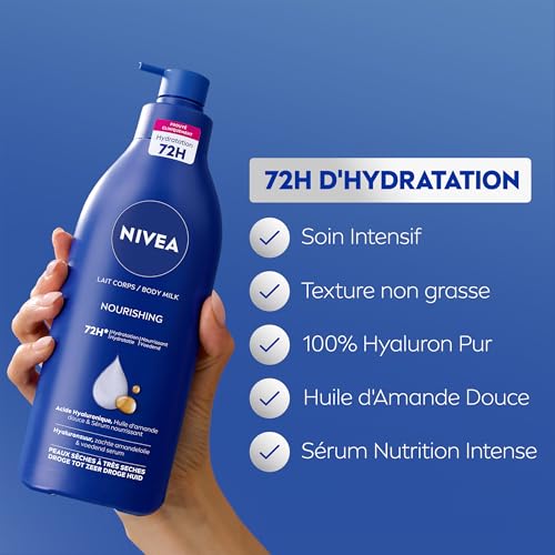 Lait Corps Hydratation Intense 72H NIVEA (1 x 625 ml) — Lait Nourrissant à l'Acide Hyaluronique pur & Huile d'Amande Dou